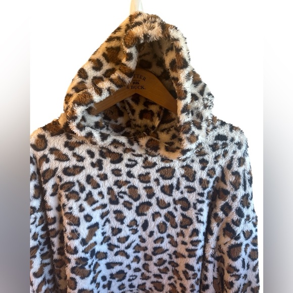 HYFVE Leopard Sherpa Pullover Size Large Hoodie Cream Brown Kangaroo Pocket - Picture 5 of 13